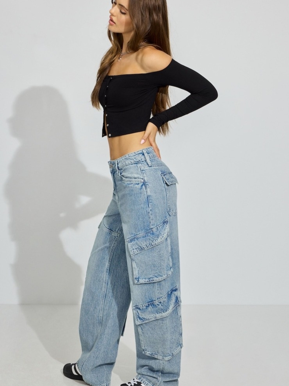 Garage Denim High Rise Baggy Relaxed Fit Cargo Jeans Light Wash, Size 7 / 28